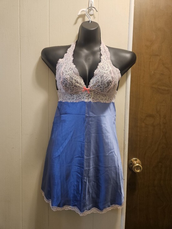 Victoria's Secret Other - NWOT Victoria's Secret Blue Satin and Pink Lace Halter Chemise